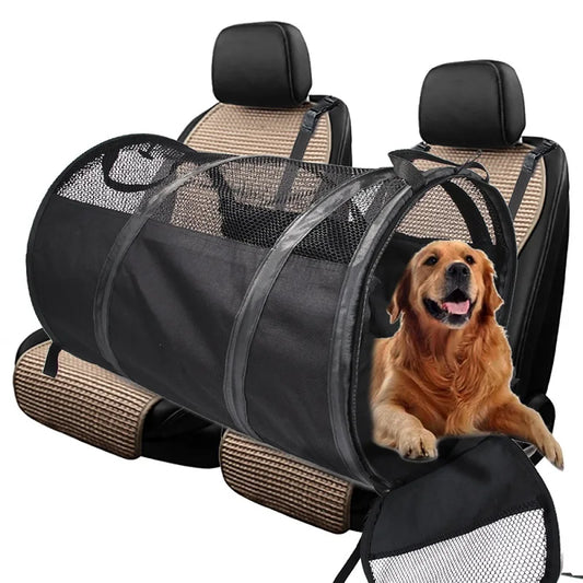 Foldable Dog Car Seat Carrier - Breathable Travel Crate & Mat for Rear Seat, Portable Pet Hammock